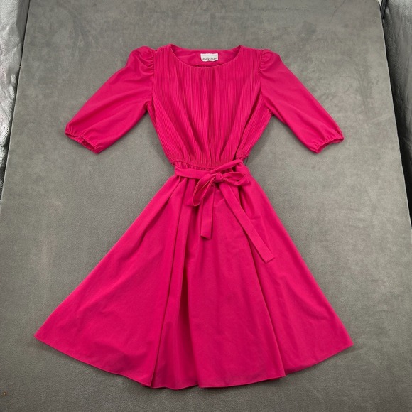 Sally Petite Dresses & Skirts - Sally‎ Petite Fit & Flare Dress Womens Pink Pleated Puff Sleeve Tie Waist Party